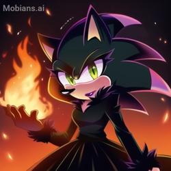 Size: 2048x2048 | Tagged: safe, ai art, artist:mobians.ai, oc, oc:henrietta the hedgehog, hedgehog, dress, eyelashes, female, fire, flame, gradient background, green eyes, lipstick, looking at viewer, mobius.social exclusive, oc only, prompter:taeko, solo, standing
