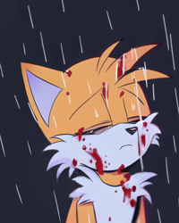 Size: 1636x2048 | Tagged: semi-grimdark, ai art, miles "tails" prower, fox, blood, blue background, eyes closed, frown, mobius.social exclusive, outdoors, rain, sad, simple background, solo