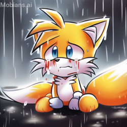 Size: 2048x2048 | Tagged: semi-grimdark, ai art, artist:mobians.ai, miles "tails" prower, fox, abstract background, barefoot, blood, chibi, cute, frown, looking offscreen, male, mobius.social exclusive, outdoors, paws, rain, sad, sitting, solo