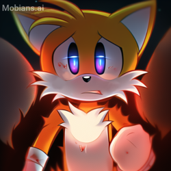 Size: 2048x2048 | Tagged: semi-grimdark, ai art, artist:mobians.ai, miles "tails" prower, fox, black background, blood, clenched fist, clenched teeth, frown, glowing eyes, looking at viewer, male, messy fur, mobius.social exclusive, simple background, standing