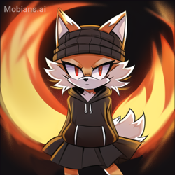 Size: 2048x2048 | Tagged: safe, ai art, artist:mobians.ai, oc, abstract background, beanie, female, fire, frown, hoodie, looking at viewer, mobius.social exclusive, oc only, orange fur, prompter:taeko, red eyes, skirt, solo, standing, unknown species, white fur