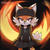 Size: 2048x2048 | Tagged: safe, ai art, artist:mobians.ai, oc, abstract background, beanie, female, fire, frown, hoodie, looking at viewer, mobius.social exclusive, oc only, orange fur, prompter:taeko, red eyes, skirt, solo, standing, unknown species, white fur