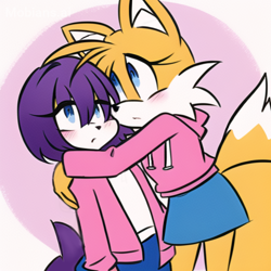 Size: 2048x2048 | Tagged: safe, ai art, artist:mobians.ai, miles "tails" prower, oc, fox, abstract background, blushing, canon x oc, duo, eyelashes, female, females only, frown, gender swap, hoodie, hugging, jacket, lesbian, mobius.social exclusive, prompter:taeko, shirt, skirt, standing, unknown species
