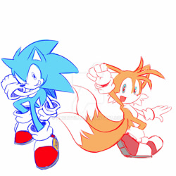 Size: 900x900 | Tagged: safe, artist:angryzilla, miles "tails" prower, sonic the hedgehog, fox, hedgehog, 2022, duo, looking at viewer, male, males only, posing, redraw, simple background, smile, sonic advance 3, watermark, white background