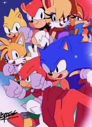 Size: 1481x2048 | Tagged: safe, artist:expresspandatv, bunnie rabbot, knuckles the echidna, mighty the armadillo, miles "tails" prower, ray the flying squirrel, sally acorn, sonic the hedgehog, group