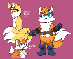 Size: 2048x1650 | Tagged: safe, artist:velveteen-vampire, miles "tails" prower, super tails, fox, belt, boots, classic tails, english text, goggles, kitsune, male, pink background, redesign, simple background, smile, solo, standing, super form
