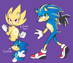 Size: 2047x1765 | Tagged: safe, artist:velveteen-vampire, sonic the hedgehog, super sonic, hedgehog, classic sonic, colored quills, english text, frown, male, purple background, redesign, simple background, smile, solo, standing, super form