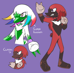 Size: 2048x1996 | Tagged: safe, artist:velveteen-vampire, knuckles the echidna, super knuckles, echidna, classic knuckles, clenched teeth, english text, frown, male, purple background, redesign, simple background, smile, solo, starry eyes, super form