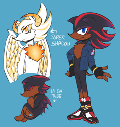 Size: 1937x2048 | Tagged: safe, artist:velveteen-vampire, shadow the hedgehog, super shadow, hedgehog, alternate eye color, blue background, blue eyes, english text, fingerless gloves, floppy ears, g.u.n logo, horns, jacket, male, redesign, simple background, solo, standing, super form, wings