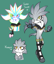 Size: 1723x2048 | Tagged: safe, artist:velveteen-vampire, silver the hedgehog, hedgehog, aged down, child, english text, eyelashes, frown, male, pink ears, poncho, redesign, simple background, solo, standing, starry eyes, super form, super silver, turquoise background, younger