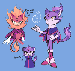 Size: 1971x1867 | Tagged: safe, artist:velveteen-vampire, blaze the cat, burning blaze, cat, aged down, blue background, cape, child, english text, female, flame, frown, neck fluff, pink nose, poncho, redesign, simple background, solo, standing, super form, younger