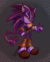 Size: 786x969 | Tagged: safe, artist:doodleduds, sonic the hedgehog, hedgehog, abstract background, darkspine sonic, ear piercing, fire, male, redesign, signature, solo, standing