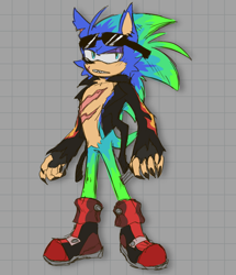 Size: 1533x1785 | Tagged: safe, artist:firestarting, scourge the hedgehog, hedgehog, abstract background, boots, chipped ear, claws, fingerless gloves, glasses, jacket, looking offscreen, male, painted fingernails, redesign, solo, standing, sunglasses