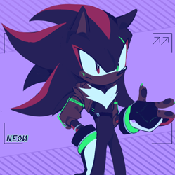 Size: 2048x2057 | Tagged: safe, artist:12neonlit-stage, shadow the hedgehog, hedgehog, abstract background, alternate universe, au:crystallized, belt, claws, fingerless gloves, frown, heterochromia, jacket, looking offscreen, male, pawpads, scar, solo, standing