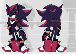 Size: 1219x861 | Tagged: safe, artist:12neonlit-stage, shadow the hedgehog, hedgehog, abstract background, alternate universe, au:crystallized, back view, belt, claws, front view, frown, jacket, lidded eyes, male, scar, solo, standing