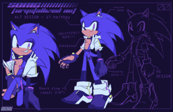 Size: 2048x1327 | Tagged: safe, artist:12neonlit-stage, sonic the hedgehog, hedgehog, adhd, alternate universe, au:crystallized, autistic, belt, character name, chest fluff, ear piercing, english text, fingerless gloves, frown, jacket, male, pronouns, smile, solo, standing, top surgery scars, trans male, transgender