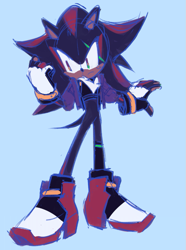 Size: 655x880 | Tagged: safe, artist:12neonlit-stage, shadow the hedgehog, hedgehog, alternate universe, au:crystallized, blue background, fingerless gloves, frown, jacket, looking offscreen, male, scar, simple background, sketch, solo, standing