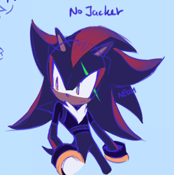 Size: 880x882 | Tagged: safe, artist:12neonlit-stage, shadow the hedgehog, hedgehog, alternate universe, au:crystallized, blue background, english text, frown, looking offscreen, male, scar, signature, simple background, solo, standing