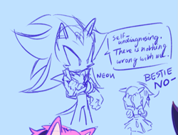 Size: 935x708 | Tagged: safe, artist:12neonlit-stage, amy rose, shadow the hedgehog, hedgehog, alternate universe, arms folded, au:crystallized, blue background, covering face, dialogue, duo, english text, female, male, signature, simple background, sketch, speech bubble, standing