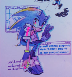 Size: 2048x2200 | Tagged: safe, artist:sonicposting, sonic the hedgehog, hedgehog, abstract background, alternate universe, au:crystallized, chest fluff, fingerless gloves, jacket, looking offscreen, male, sitting, smile, solo, trans male, transgender, v sign
