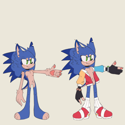 Size: 2000x2000 | Tagged: safe, artist:sp1nd-ash, sonic the hedgehog, hedgehog, beige background, chest fluff, chipped ear, fingerless gloves, jacket, looking at viewer, male, pawpads, paws, redesign, simple background, smile, solo, standing, top surgery scars, trans male, transgender