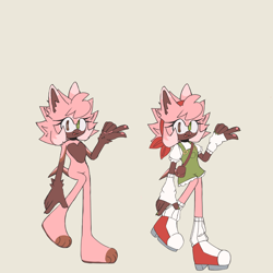 Size: 2048x2048 | Tagged: safe, artist:sp1nd-ash, amy rose, hybrid, arm warmers, beige background, echidhog, fingerless gloves, heart chest, heterochromia, looking at viewer, natural alt, pink nose, redesign, simple background, smile, solo, standing