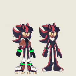 Size: 2000x2000 | Tagged: safe, artist:sp1nd-ash, shadow the hedgehog, tenrec, beige background, binder, floppy ear, frown, jacket, looking offscreen, redesign, rollerskates, simple background, solo, species swap, standing, top surgery scars, yellow sclera
