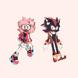 Size: 2000x2000 | Tagged: safe, artist:sp1nd-ash, amy rose, hybrid, tenrec, beige background, clothes, colored ears, duo, echidhog, female, floppy ear, looking at viewer, redesign, simple background, smile, species swap, standing, top surgery scars, yellow sclera