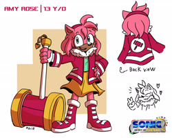 Size: 2048x1638 | Tagged: safe, artist:sonic-heart-of-mobius, amy rose, hedgehog, abstract background, alternate universe, au:heart of mobius, back view, character name, english text, female, heart, logo, looking at viewer, piko piko hammer, smile, solo, standing, v sign