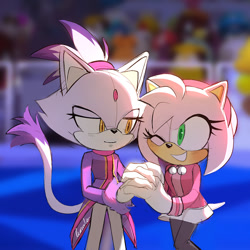 Size: 1102x1102 | Tagged: safe, artist:softyleonita, amy rose, blaze the cat, cat, hedgehog, 2022, amy x blaze, cute, female, females only, holding hands, lesbian, looking at each other, mario & sonic at the olympic winter games, shipping