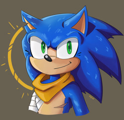 Size: 2048x1980 | Tagged: safe, artist:sonic-heart-of-mobius, sonic the hedgehog, hedgehog, au:heart of mobius, bandage, bandana, brown background, bust, chipped ear, looking at viewer, male, ring, signature, simple background, smile, solo, top surgery scars, trans male, transgender