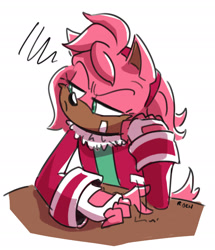 Size: 2048x2385 | Tagged: safe, artist:sonic-heart-of-mobius, amy rose, hedgehog, alternate universe, annoyed, au:heart of mobius, female, fingerless gloves, frown, head rest, looking away, signature, simple background, sitting, solo, table, tapping finger, white background