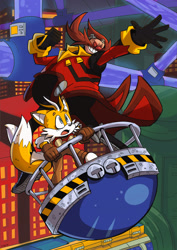 Size: 2048x2893 | Tagged: safe, artist:sonic-heart-of-mobius, miles "tails" prower, robotnik, fox, human, abstract background, alternate universe, au:heart of mobius, chemical plant, clothes, duo, goggles, goggles on head, male, males only, standing, sweatdrop