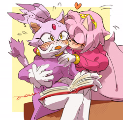 Size: 2048x1995 | Tagged: safe, artist:pamd3, amy rose, blaze the cat, cat, hedgehog, 2021, amy x blaze, blaze's tailcoat, blushing, book, cute, eyes closed, female, females only, heart, kiss on cheek, lesbian, shipping