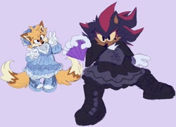 Size: 2048x1481 | Tagged: safe, artist:sonicattos, miles "tails" prower, shadow the hedgehog, fox, hedgehog, chaos emerald, double v sign, duo, eyelashes, female, females only, floppy ear, holding something, posing, purple background, redraw, shadow the hedgehog (video game), simple background, smile, trans female, transgender