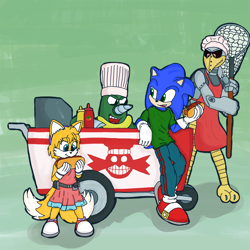 Size: 3000x3000 | Tagged: safe, artist:theowlgoesmoo, grounder, miles "tails" prower, scratch, sonic the hedgehog, black sclera, chili dog, eggman empire logo, gender swap, green background, net