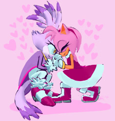 Size: 540x572 | Tagged: safe, artist:paperbooart, amy rose, blaze the cat, cat, hedgehog, 2017, amy x blaze, amy's halterneck dress, blaze's tailcoat, cute, eyes closed, female, females only, hearts, holding hands, lesbian, shipping