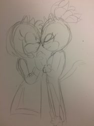 Size: 1280x1707 | Tagged: safe, artist:iimpey, amy rose, blaze the cat, cat, hedgehog, 2017, amy x blaze, amy's halterneck dress, blaze's tailcoat, cute, eyes closed, female, females only, holding hands, lesbian, shipping, sketch, traditional media