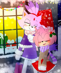 Size: 540x644 | Tagged: safe, artist:toonlemon, amy rose, blaze the cat, cat, hedgehog, 2017, amy x blaze, christmas, cute, eyes closed, female, females only, lesbian, looking at them, shipping, winter, winter outfit