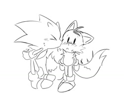 Size: 1024x768 | Tagged: safe, artist:giaoux, miles "tails" prower, sonic the hedgehog, 2023, blushing, cute, duo, gay, kiss on cheek, line art, male, males only, nervous, shipping, simple background, sonabetes, sonic x tails, standing, sweatdrop, white background