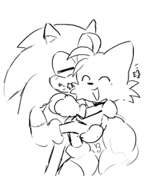 Size: 496x600 | Tagged: safe, artist:stveebee, miles "tails" prower, sonic the hedgehog, 2023, carrying them, cute, duo, gay, kiss on cheek, line art, shipping, simple background, smile, sonabetes, sonic x tails, standing, star (symbol), tailabetes, white background