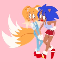 Size: 2048x1776 | Tagged: safe, artist:sontaiis, miles "tails" prower, sonic the hedgehog, human, 2023, blushing, duo, eyebrow clipping through hair, female, females only, gender swap, hand on shoulder, humanized, lesbian, looking at each other, no outlines, pink background, r63 shipping, shipping, simple background, smile, sonic x tails, standing