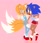 Size: 2048x1776 | Tagged: safe, artist:sontaiis, miles "tails" prower, sonic the hedgehog, human, 2023, blushing, duo, eyebrow clipping through hair, female, females only, gender swap, hand on shoulder, humanized, lesbian, looking at each other, no outlines, pink background, r63 shipping, shipping, simple background, smile, sonic x tails, standing