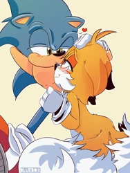 Size: 1536x2048 | Tagged: safe, artist:bluebox, miles "tails" prower, sonic the hedgehog, fox, hedgehog, blushing, duo, floppy ears, gay, head pat, heart, heart eyes, kiss on nose, lidded eyes, looking at each other, male, males only, outline, shipping, simple background, smile, sonic x tails, standing