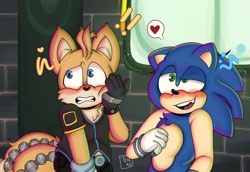 Size: 1450x1000 | Tagged: safe, artist:ten_ko023, miles "tails" prower, nine, sonic the hedgehog, sonic prime, 2023, abstract background, chubby, crush, duo, exclamation mark, flustered, gay, hand on face, heart, nine x sonic, scene interpretation, shipping, sonic x tails