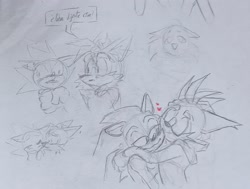 Size: 2048x1548 | Tagged: safe, artist:saturnlevite, miles "tails" prower, nine, sonic the hedgehog, sonic prime, dialogue, duo, gay, heart, hugging, kiss, nine x sonic, pencilwork, shipping, sketch, smile, sonic x tails, spanish text, speech bubble, top surgery scars, traditional media, trans male, transgender