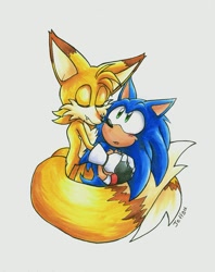 Size: 1251x1581 | Tagged: safe, artist:cjjp8, miles "tails" prower, sonic the hedgehog, 2023, duo, gay, headcanon, hugging from behind, looking up at them, older, one fang, shipping, smile, sonic x tails, traditional media, wrapped in tails