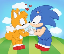 Size: 2048x1755 | Tagged: safe, artist:lemonpickl, miles "tails" prower, sonic the hedgehog, 2023, abstract background, clouds, cute, duo, eyes closed, gay, heart, holding hands, kiss, lego, outdoors, shipping, smile, sonic x tails