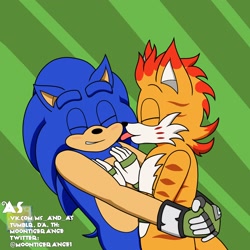 Size: 2048x2048 | Tagged: safe, artist:moontigerange1, mangey, miles "tails" prower, sonic the hedgehog, sonic prime, 2023, abstract background, blushing, duo, eyes closed, flat colors, gay, holding each other, licking, shipping, smile, songey, sonic x tails, standing, striped background, tongue out