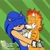 Size: 2048x2048 | Tagged: safe, artist:moontigerange1, mangey, miles "tails" prower, sonic the hedgehog, sonic prime, 2023, abstract background, blushing, duo, eyes closed, flat colors, gay, holding each other, licking, shipping, smile, songey, sonic x tails, standing, striped background, tongue out